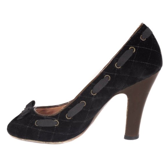 MARC JACOBS Black Quilted Velvet Peep Toe Ribbon Detail Heels Size 7 1/2 - Picture 3 of 6